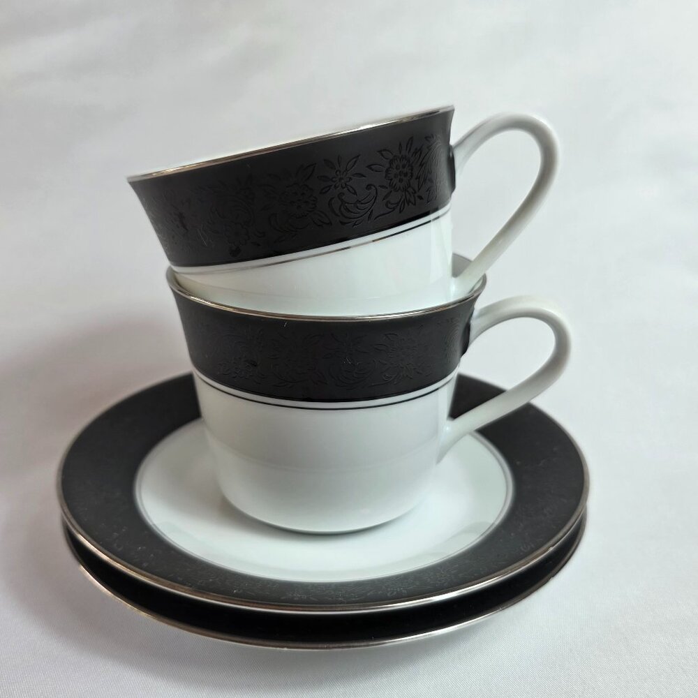 TWO Noritake Mirano Cup and Saucer Sets White with Etched Flowers on Black Band